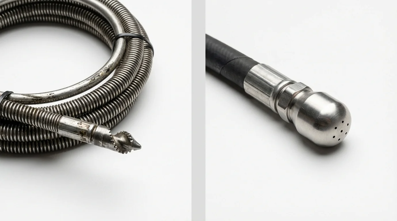 Drain snake cable and hydro jetting nozzle used for drain cleaning in Chilton, WI