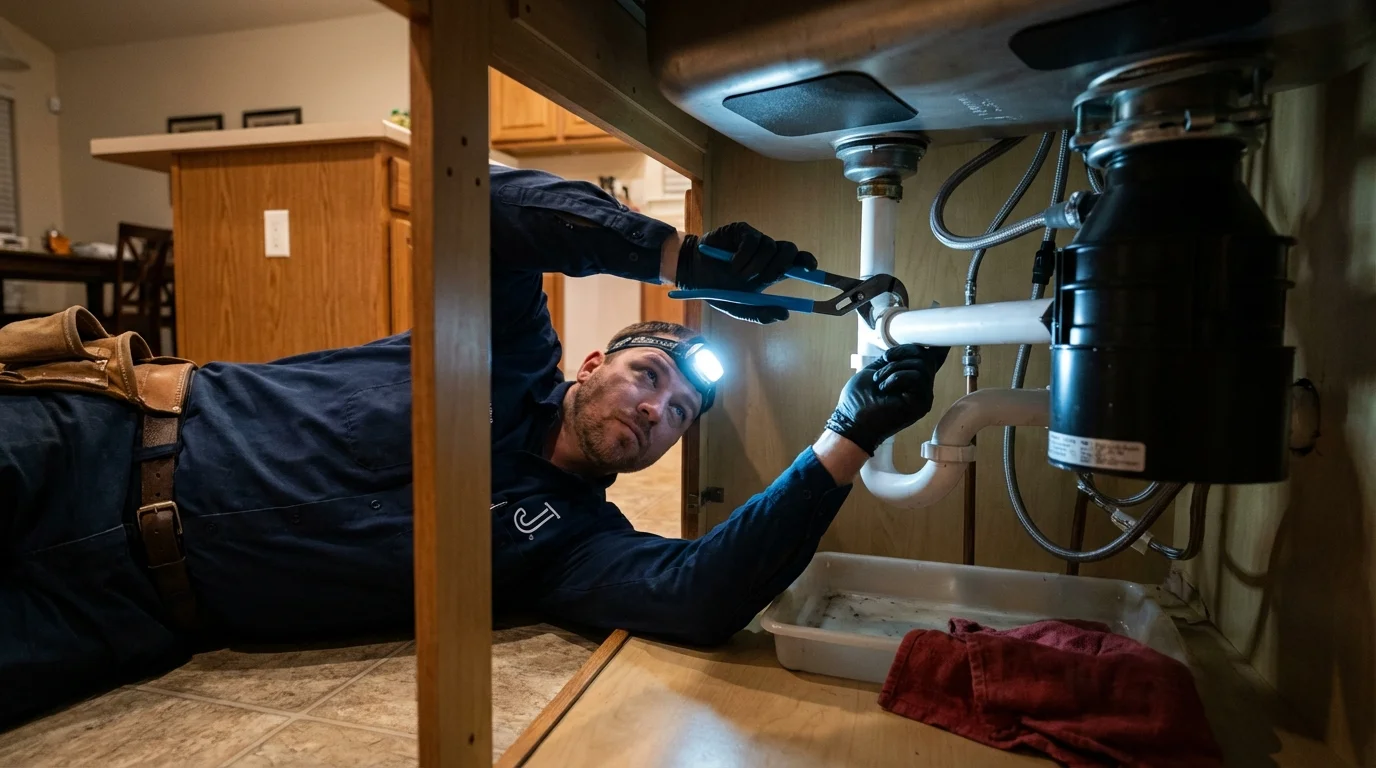 P-trap and supply line connections under a kitchen sink showing a common leak point in Chilton, WI